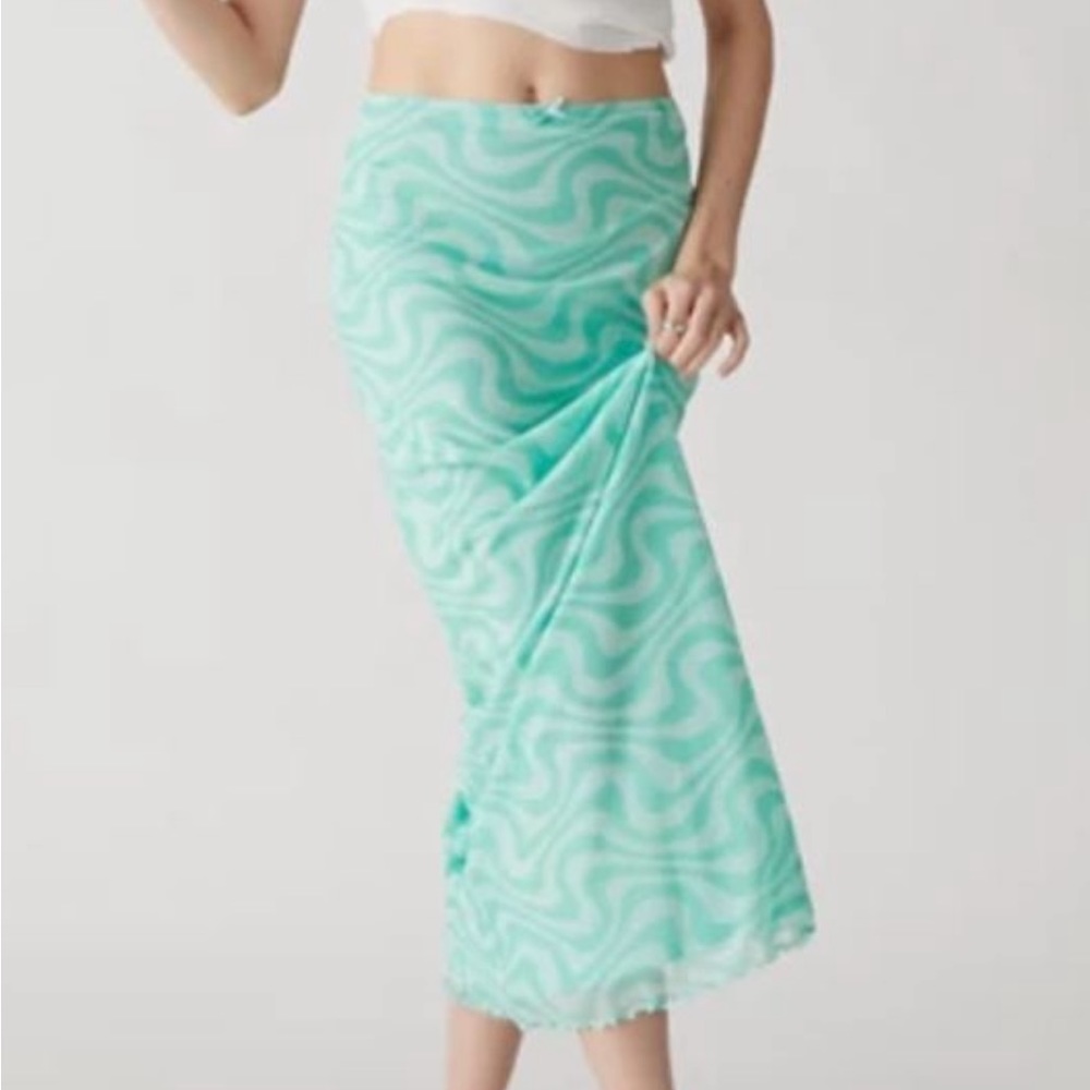 URban outfitters blue/green Wave Printed Maxi Mesh Skirt
